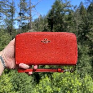 COACH Long Zip-Around Red Crossgrain Leather Wallet with Gold Hardware AUTHENTIC